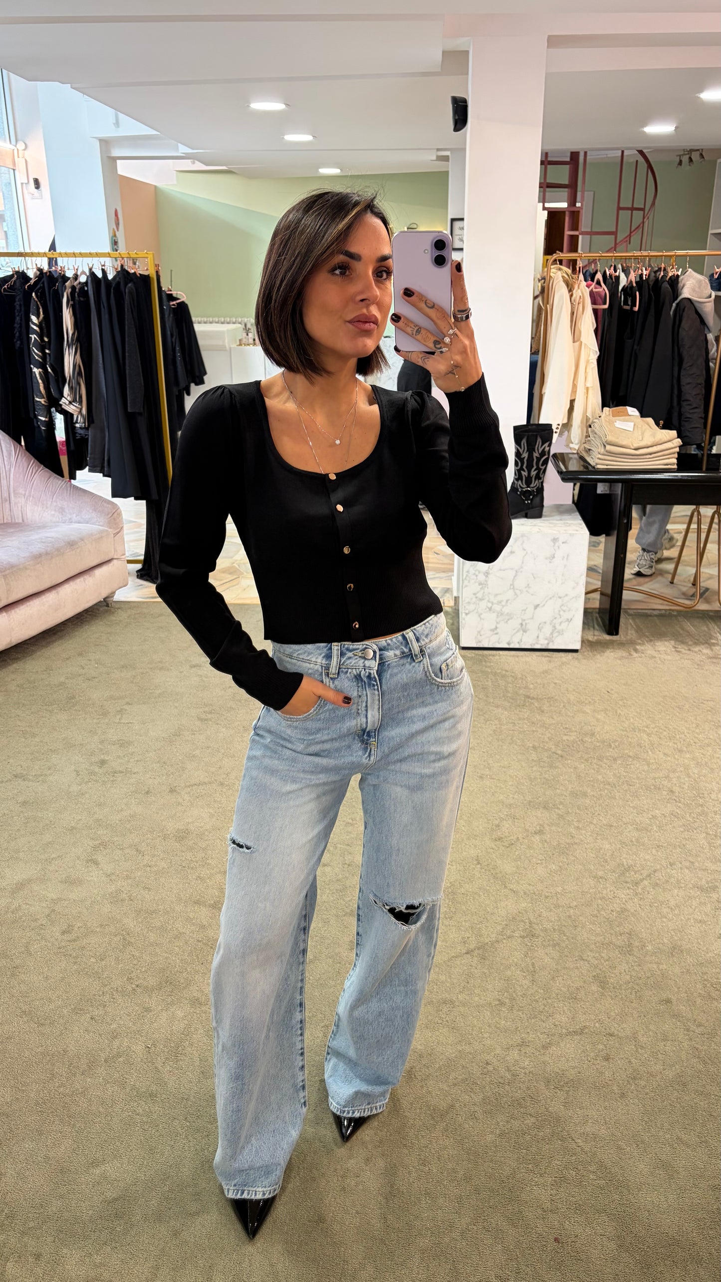 Cardigan mini nero scollo squadrato fr