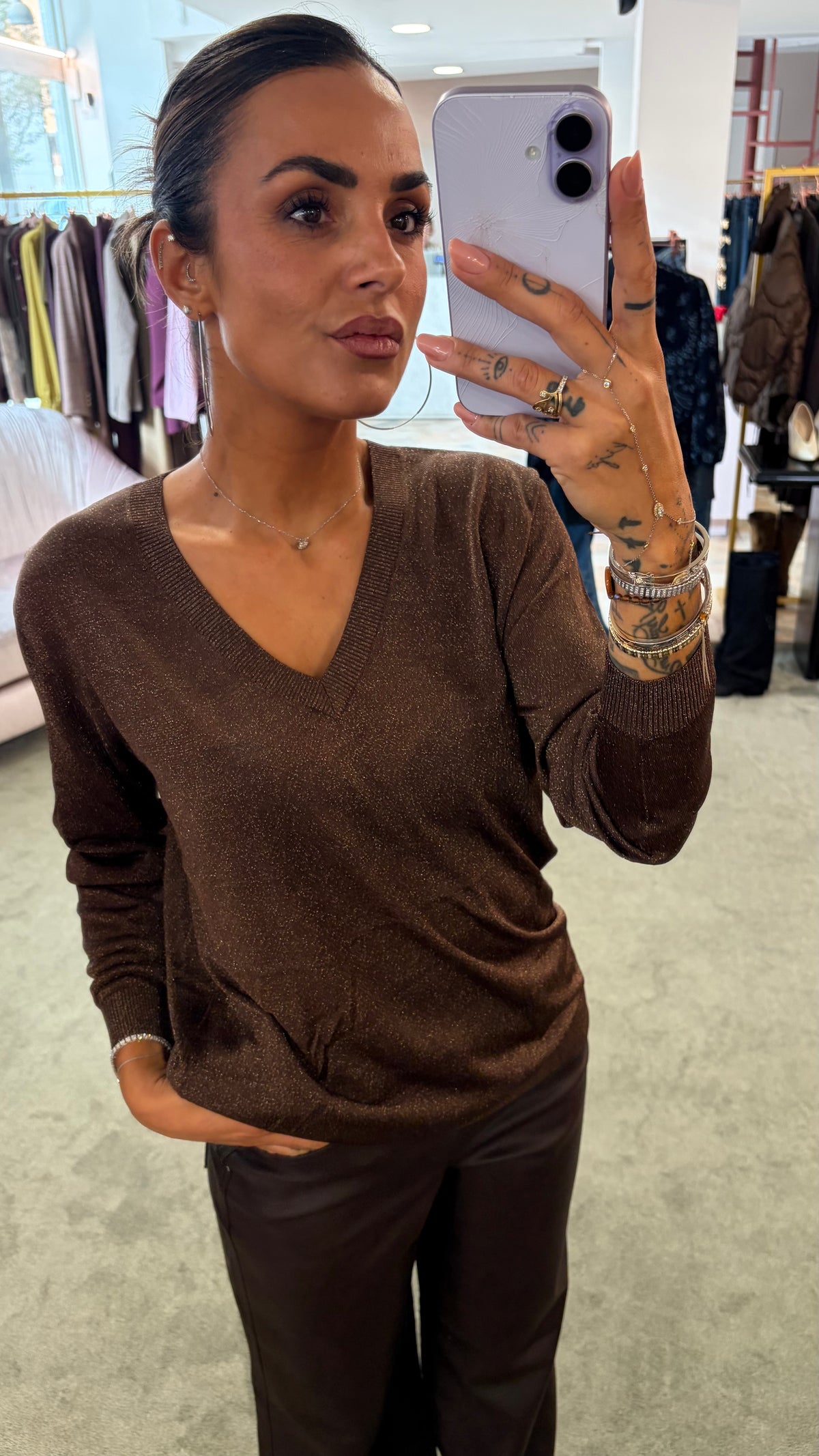 Maglia marrone lurex scollo a v maniche lunghe fr