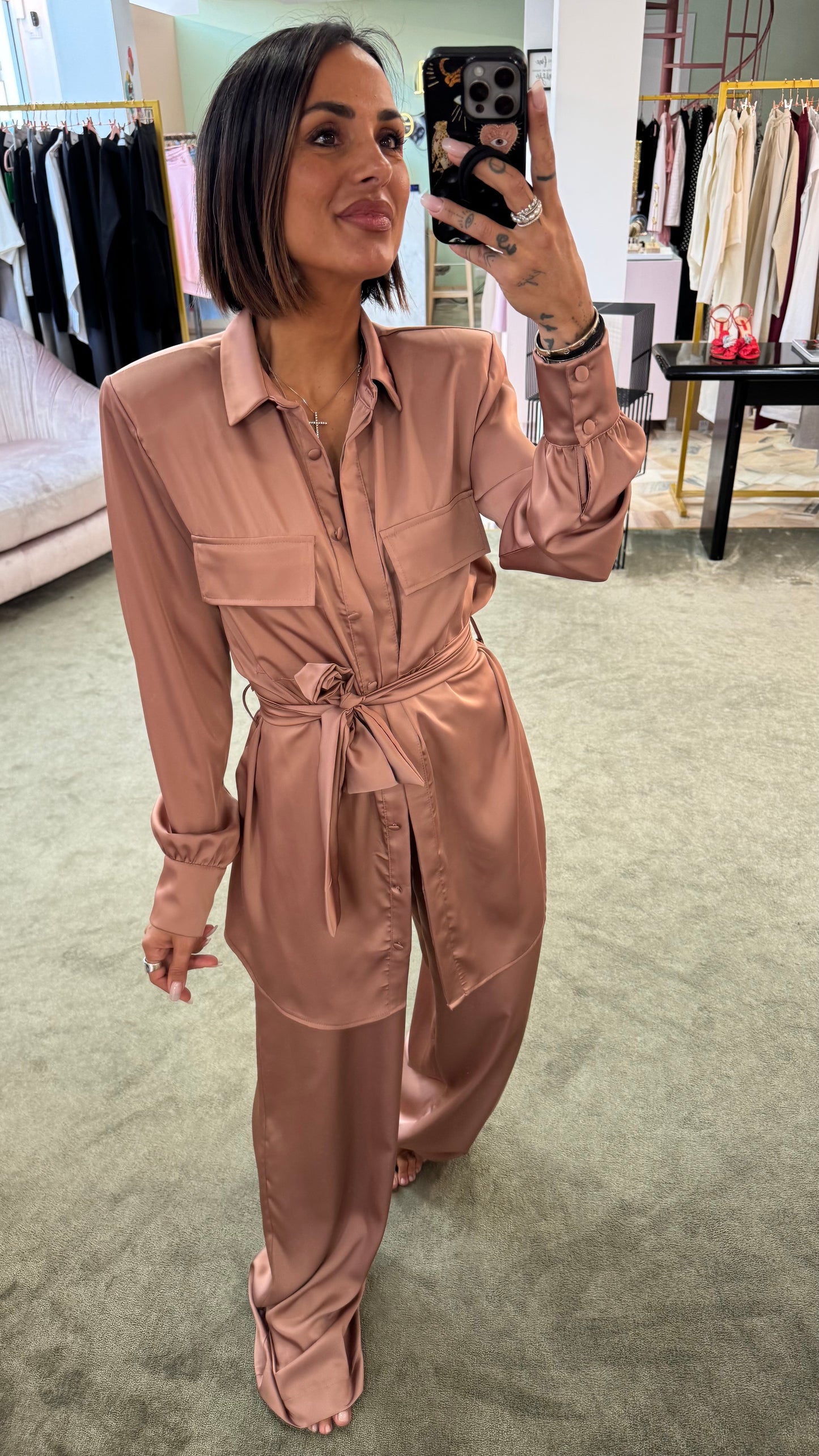 Maxi blusa rosa blush con cintura in satin ks