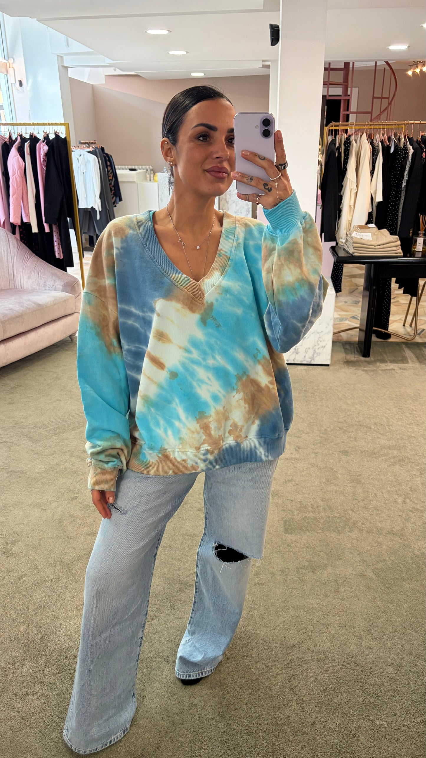 Felpa azzurra tie-dye scollo a v Don't@Me