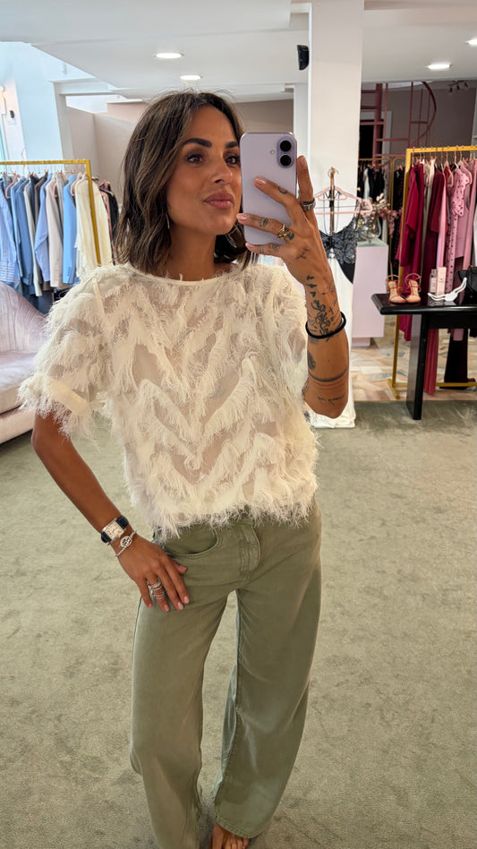 Blusa panna effetto piume manica corta sl