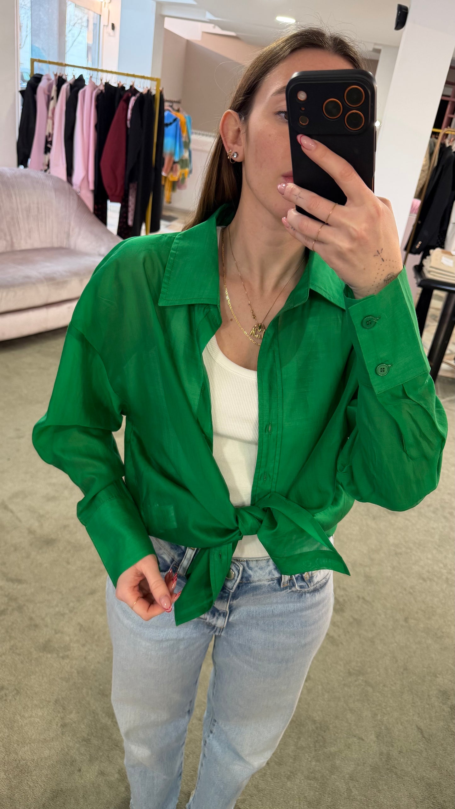 Camicia verde smeraldo over in tencel ay
