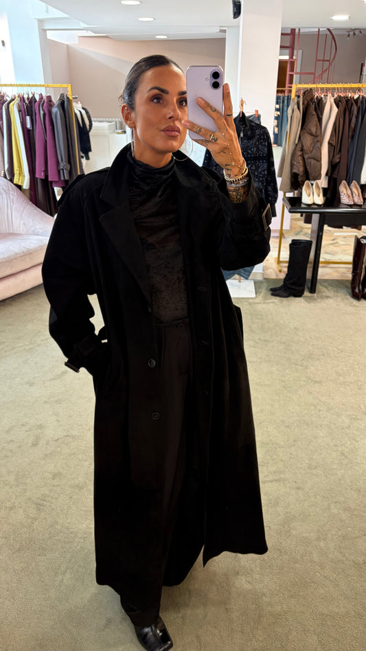 Trench nero lungo con cintura in pelle scamosciata Marsem