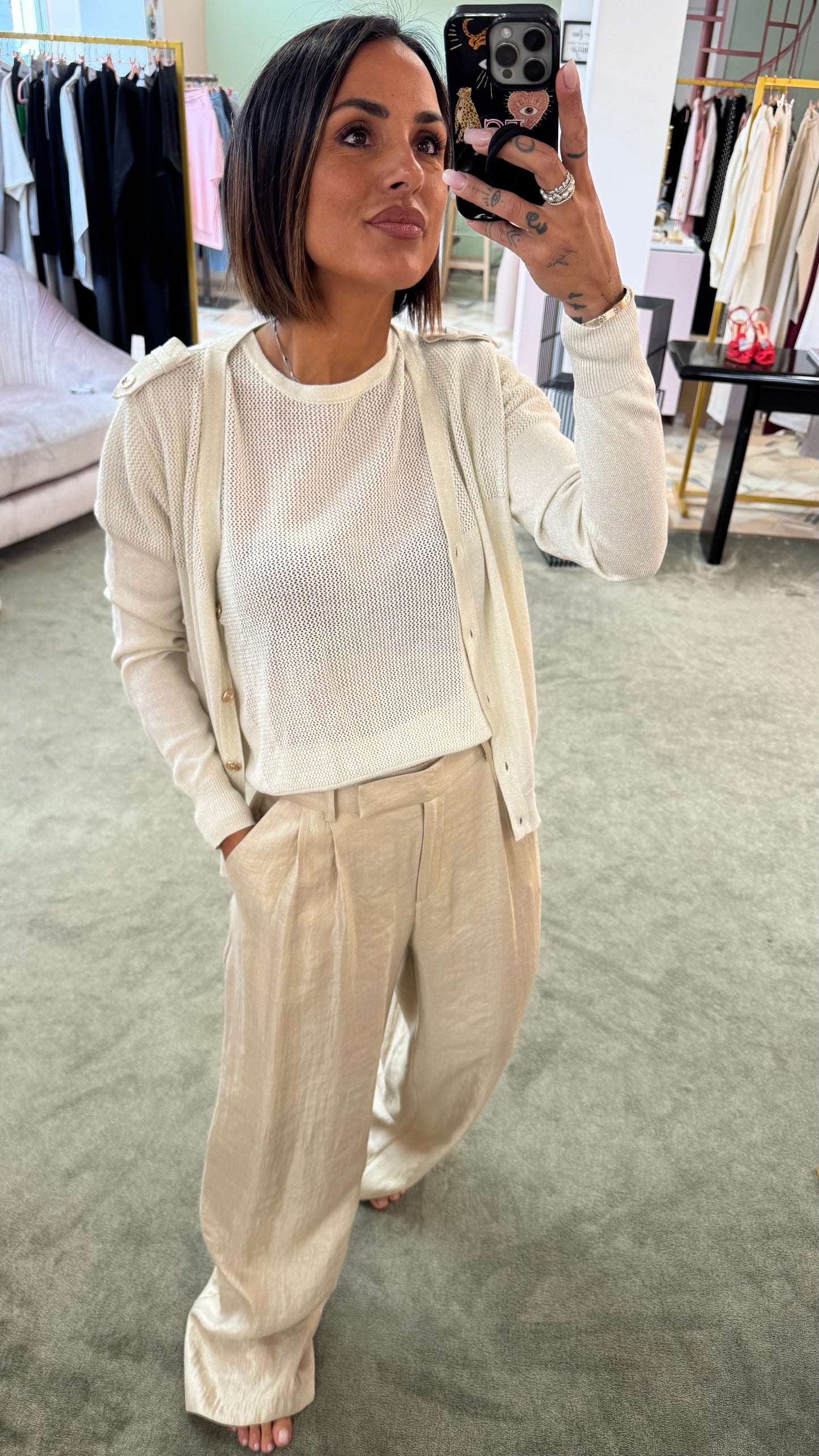 Pantaloni beige lurex a palazzo con pences Actualee