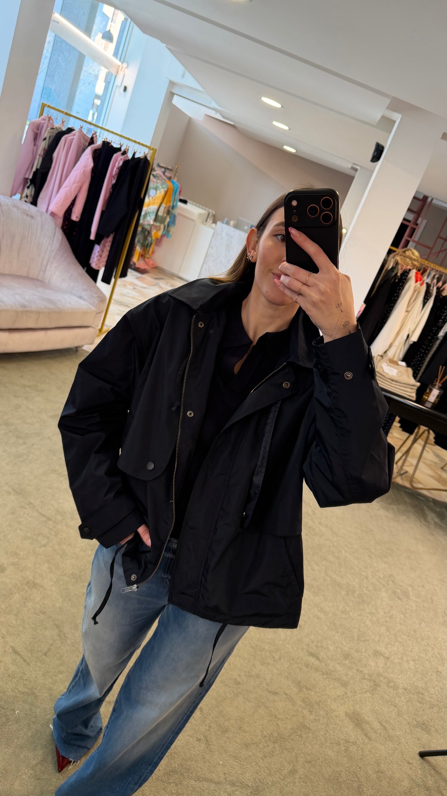 Trench blu notte corto con cappuccio sy