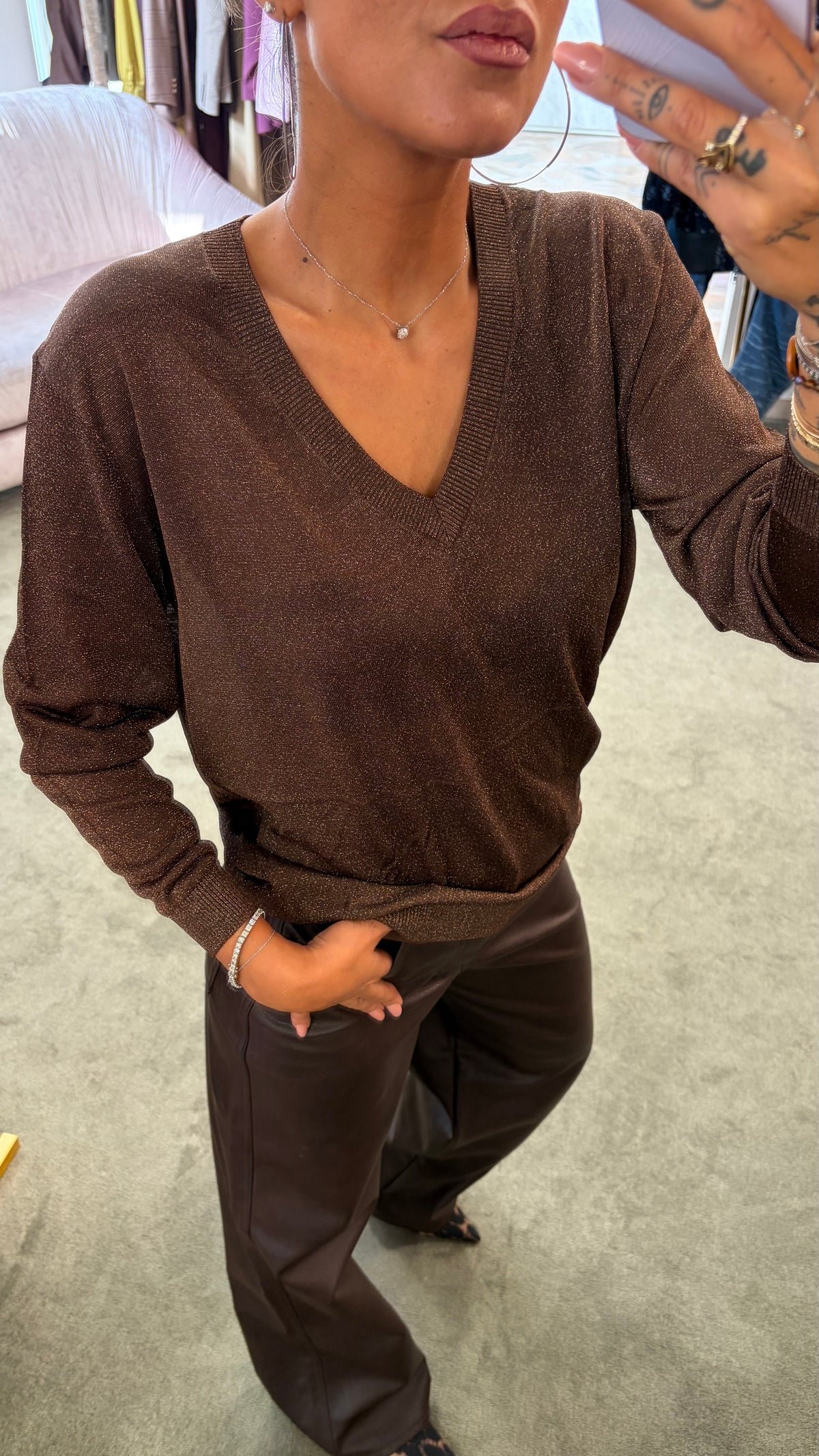 Maglia marrone lurex scollo a v maniche lunghe fr
