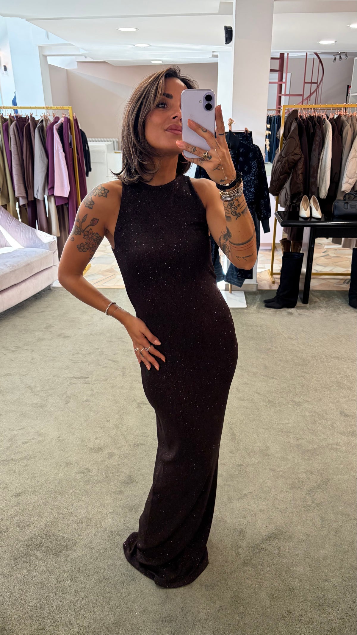 Abito lungo marrone lurex scollo all'americana ks