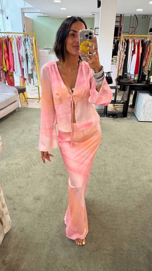 Gonna lunga rosa tie-dye in satin gl