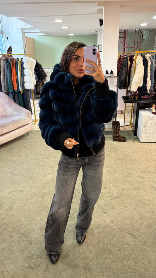 Bomber in pelliccia eco blu luxury con cappuccio un