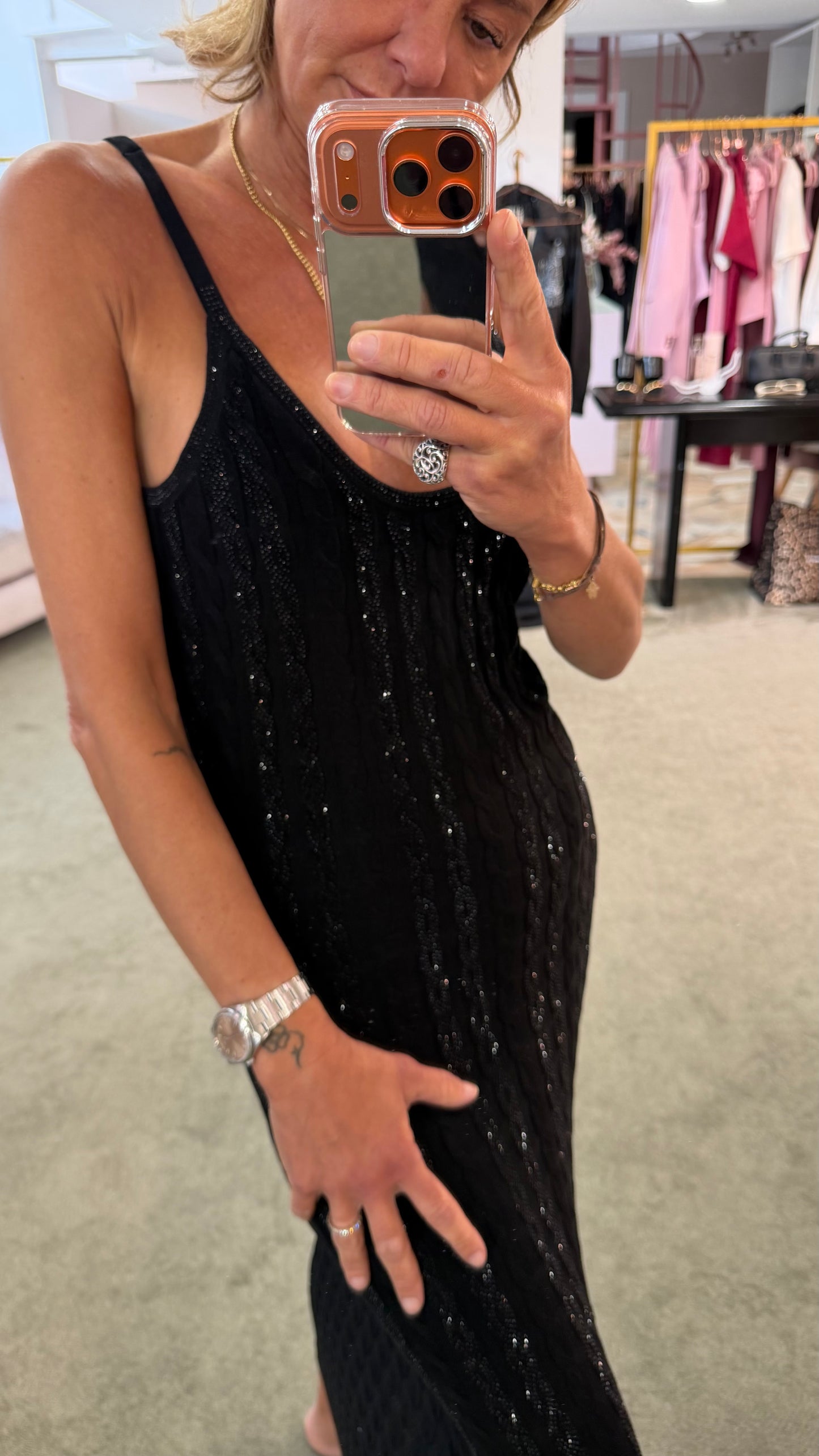 Abito midi nero in maglia con trecce crystal fr
