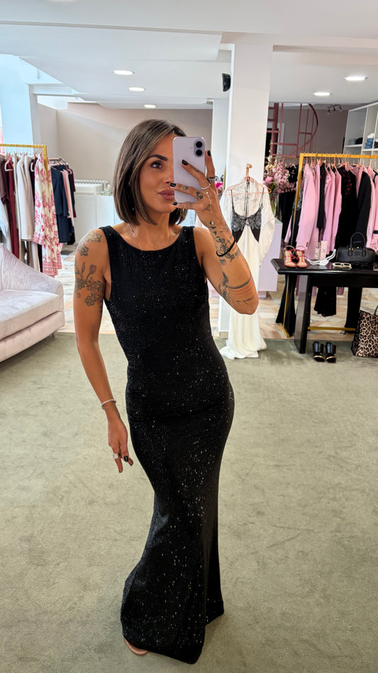 Abito lungo helios nero crystal scollo all'americana tw