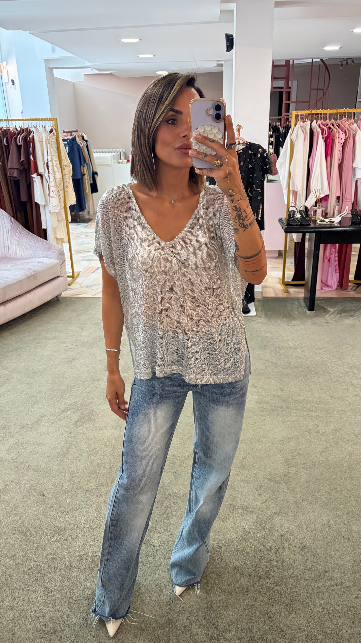Maglia scollo a v argento in lurex manica scesa ay