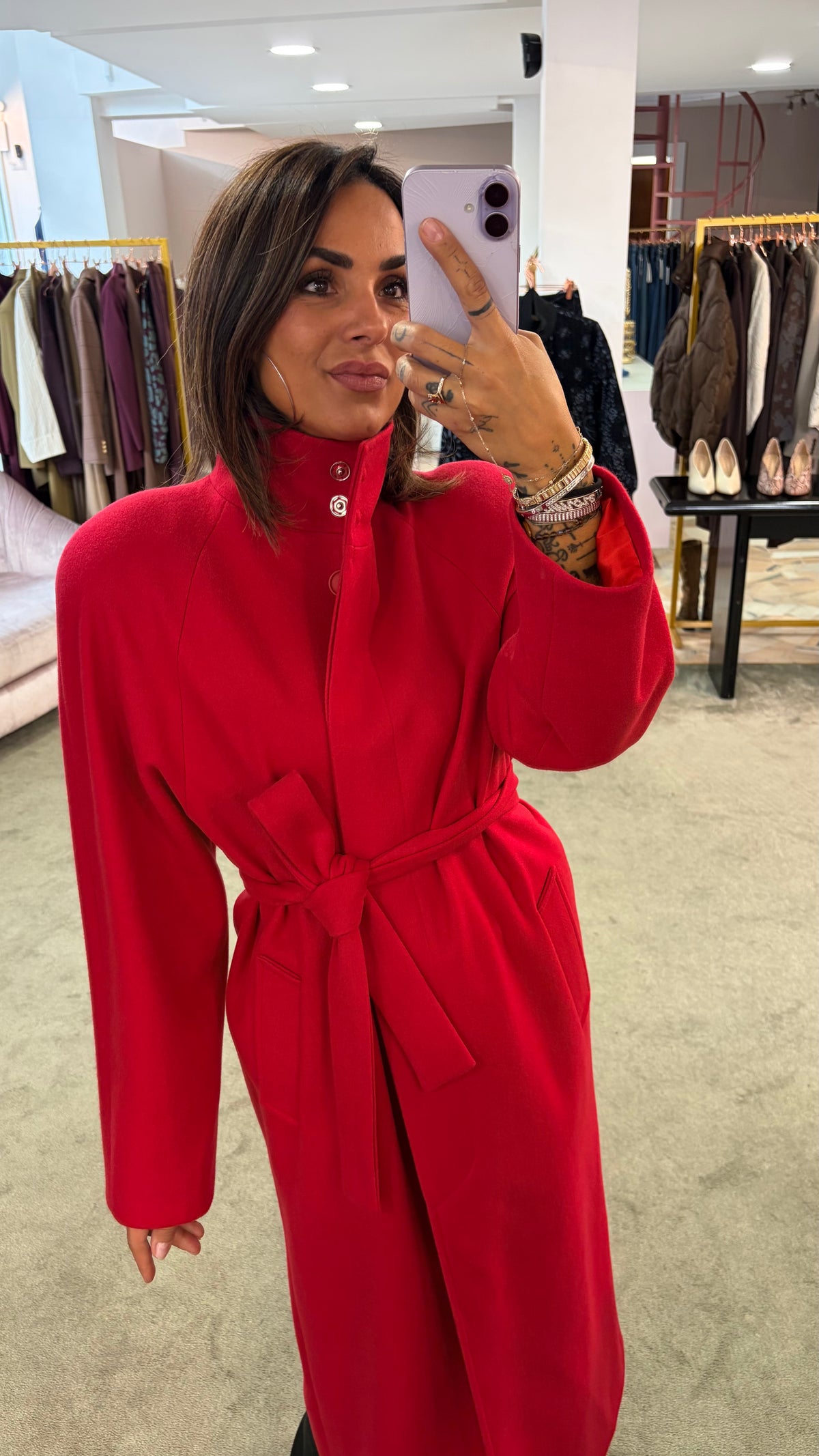 Cappotto lungo rosso con cintura Actualee