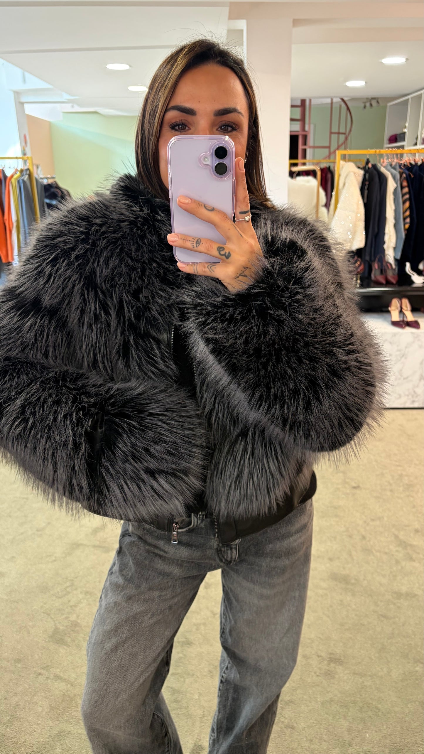 Bomber in pelliccia eco grigio luxury effetto fox un