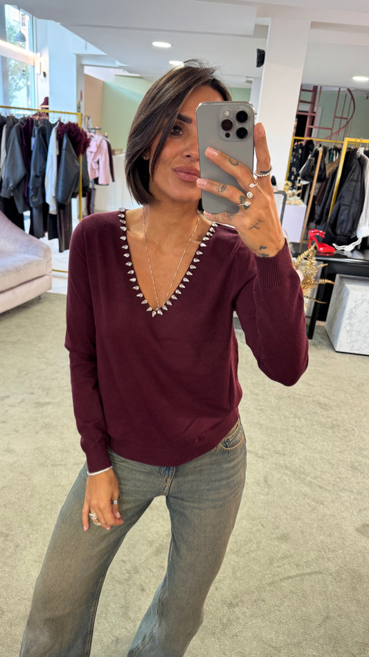 Maglione bordeaux scollo a v con pietre bj