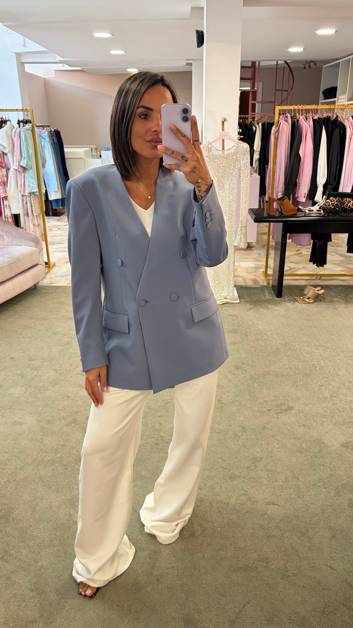 Blazer celeste doppiopetto senza rever Marsem