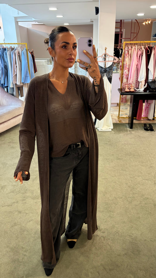 Cardigan lungo marrone cacao in lino fy