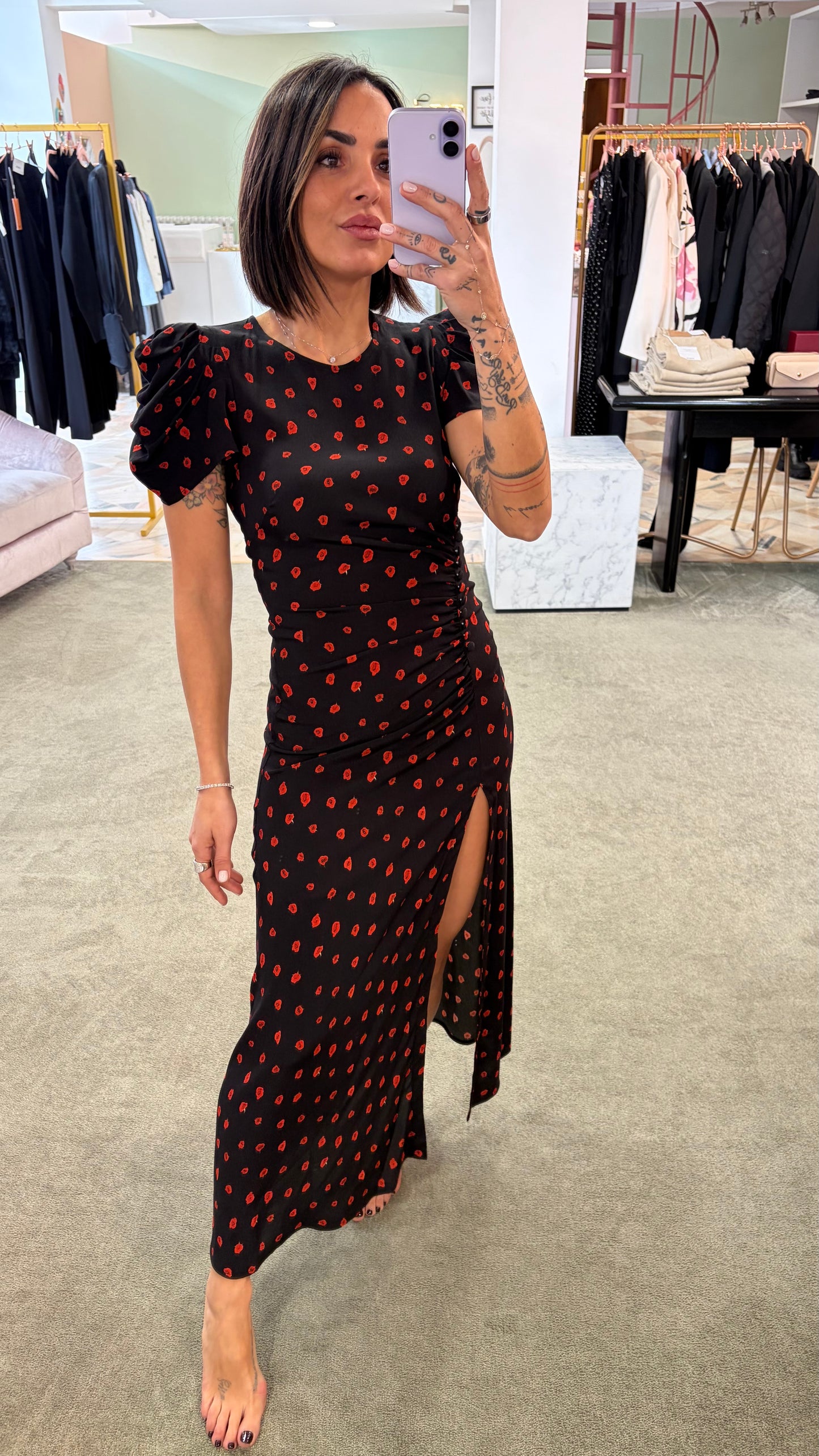 Abito kristel midi MAR DE MARGARITAS nero con fiorellini rossi