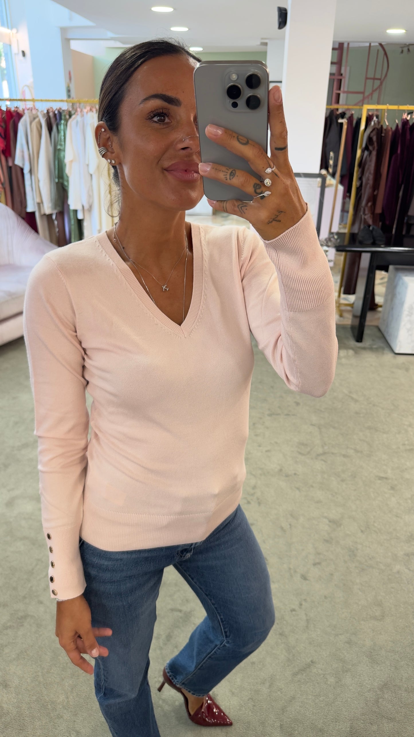 Maglione rosa baby scollo a v in viscosa fr