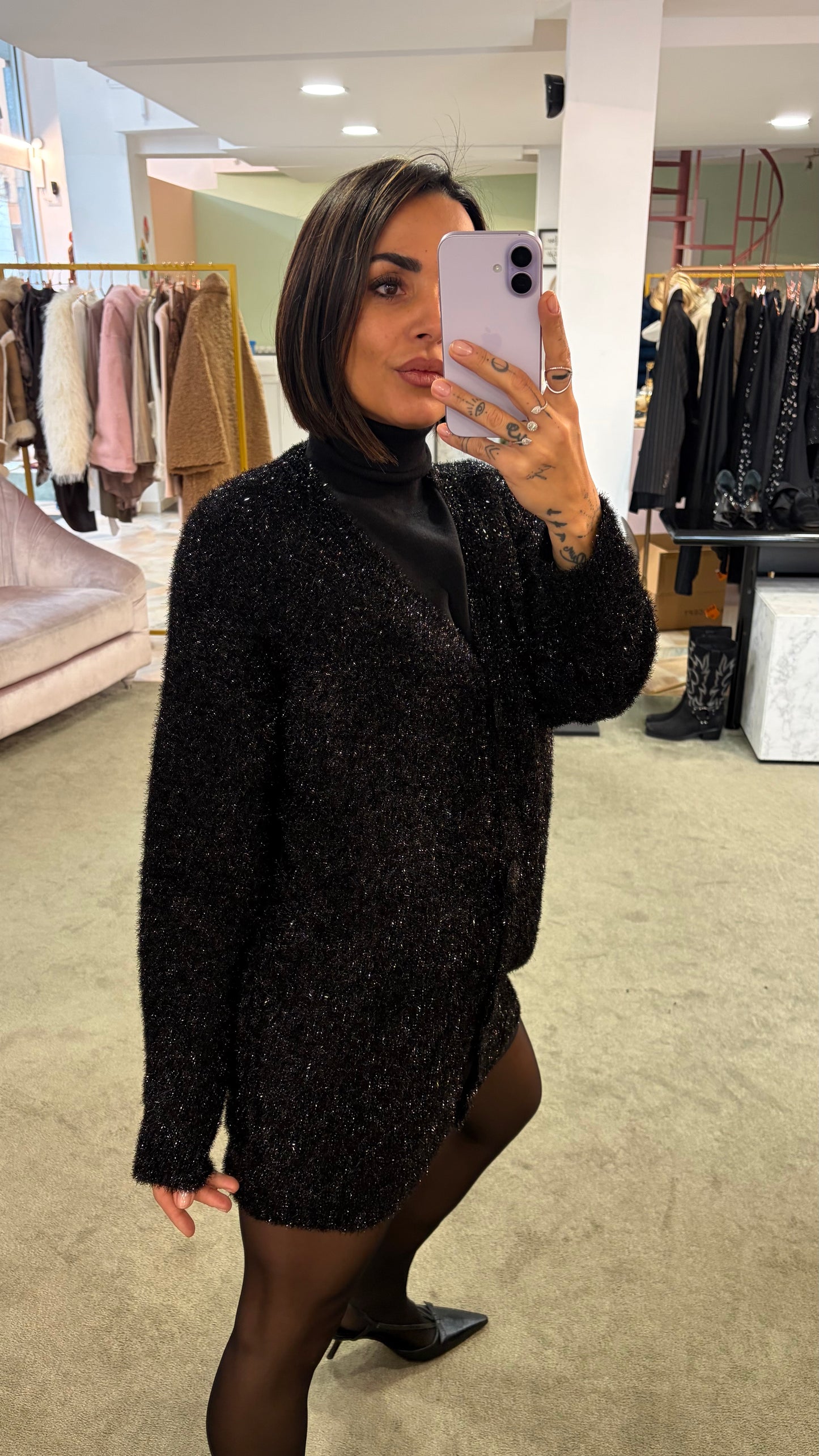 Cardigan oversize nero in lurex gl