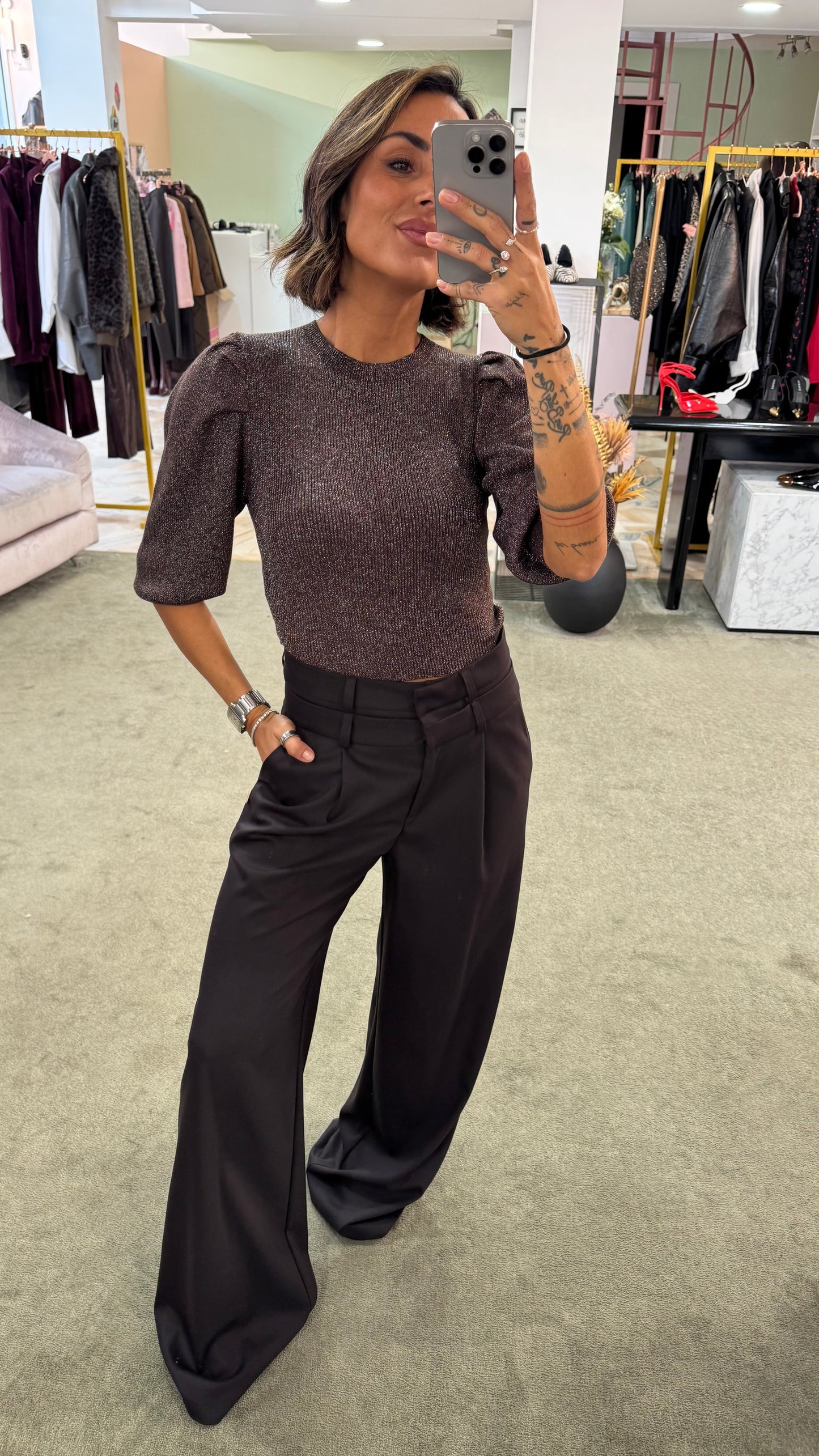 Maglia marrone lurex maniche a sbuffo gl