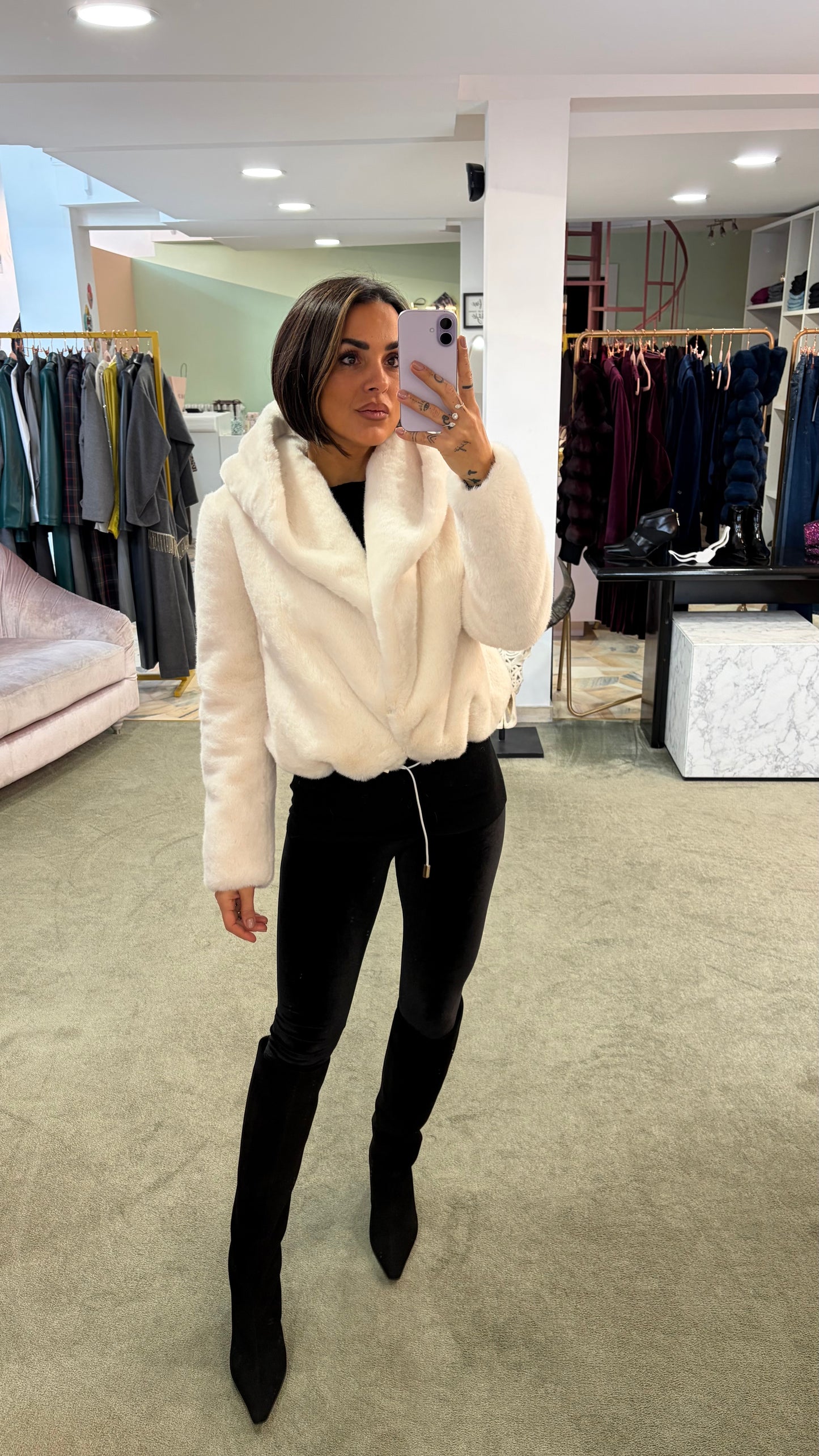 Pelliccia eco visone bianca luxury con cappuccio ys