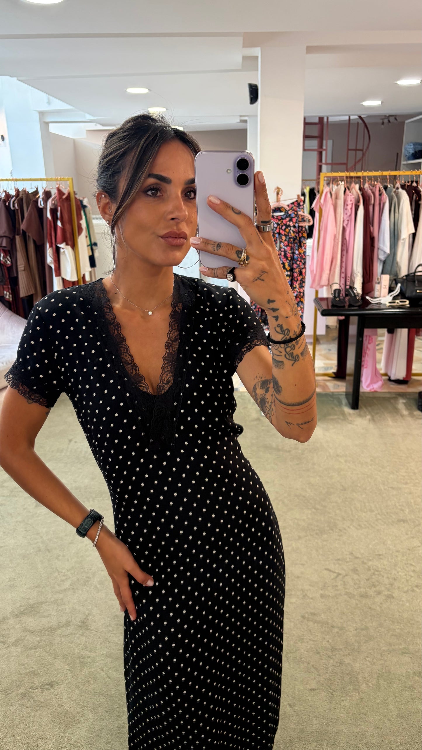 Abito raya midi MAR DE MARGARITAS nero a pois con pizzo