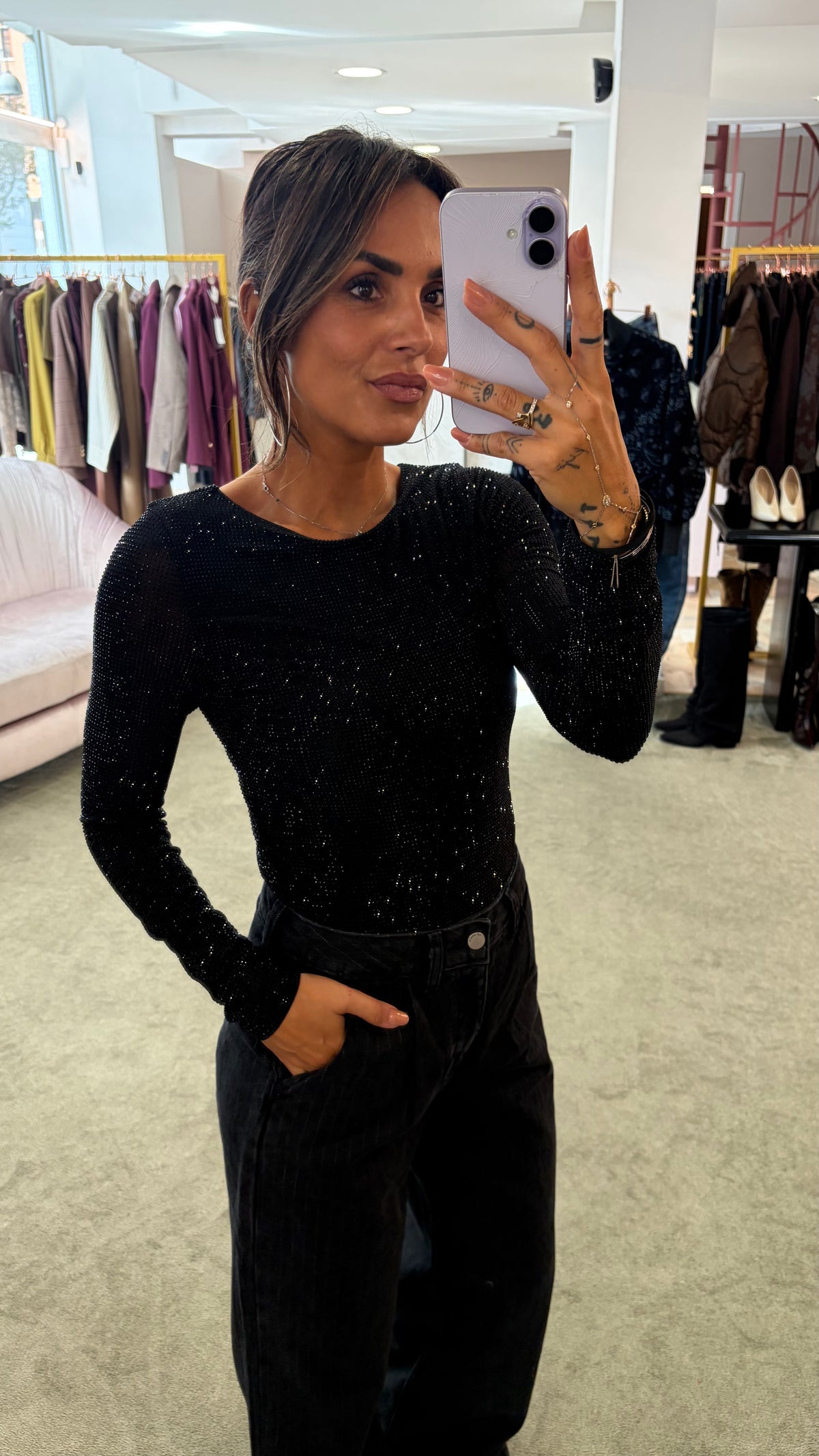 Body nero con cristalli maniche lunghe tw