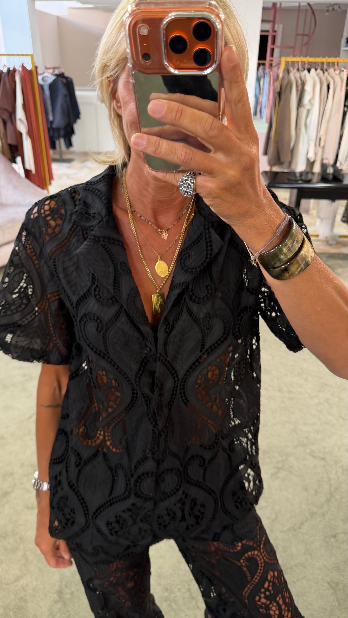 Camicia over nera in pizzo manica corta gl