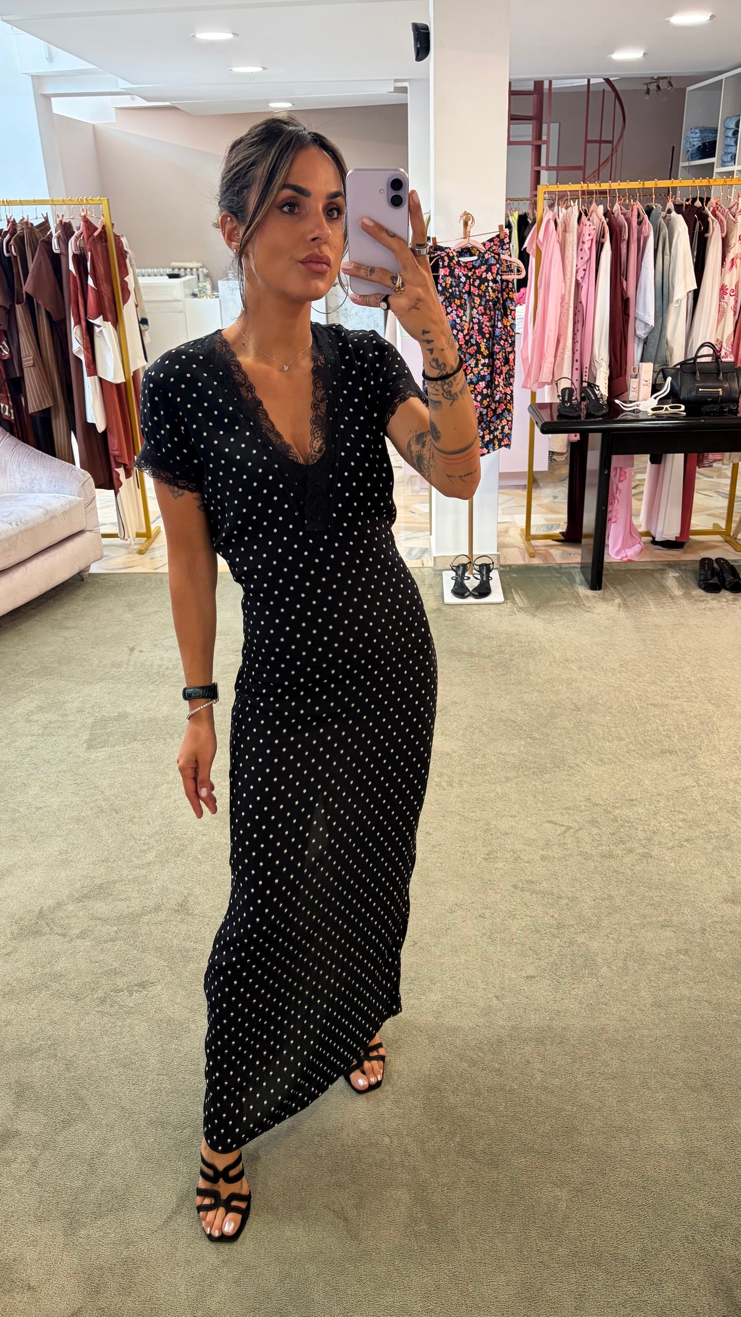 Abito raya midi MAR DE MARGARITAS nero a pois con pizzo