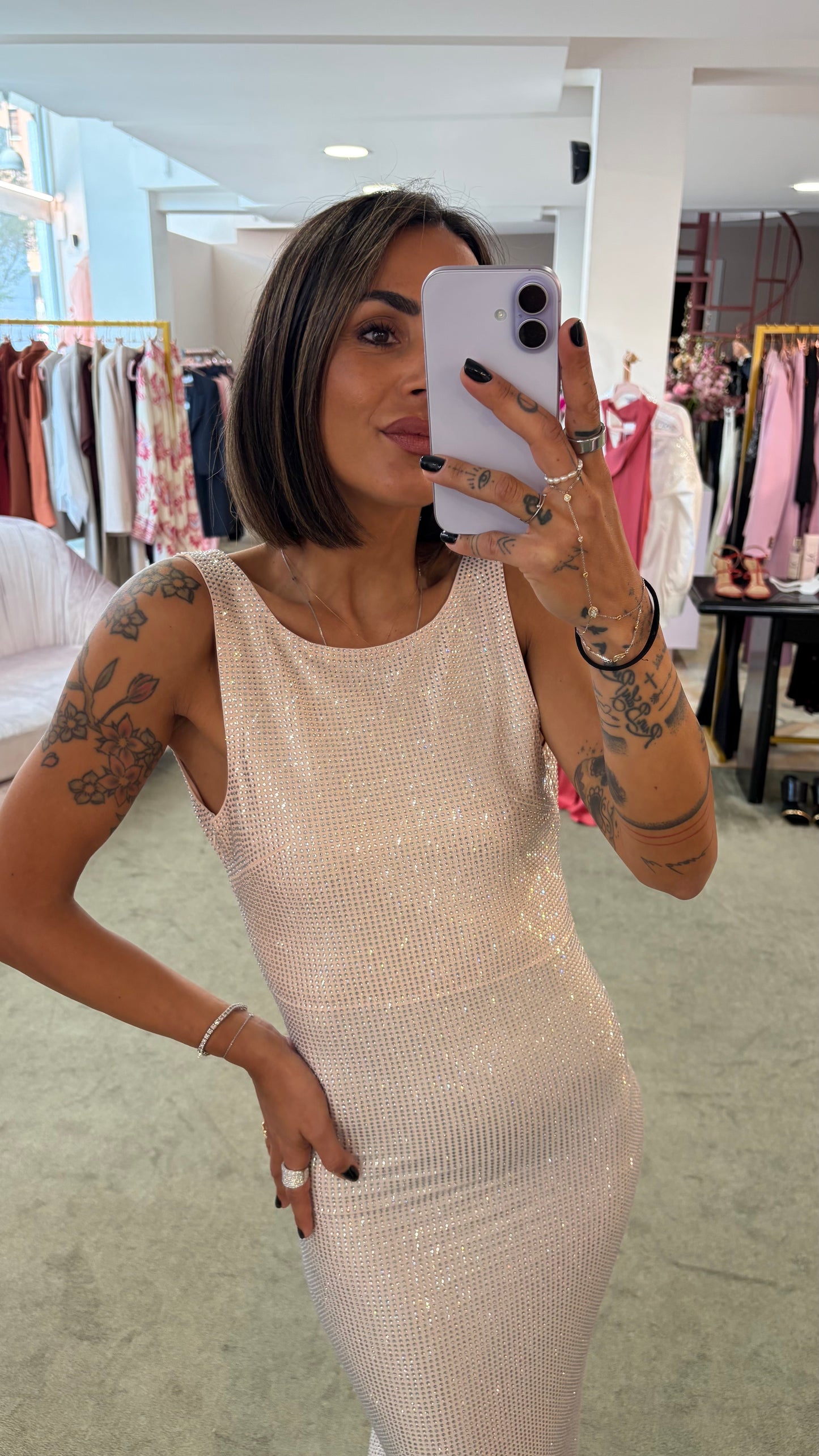 Abito lungo crystal  helios nude  scollo all'americana tw