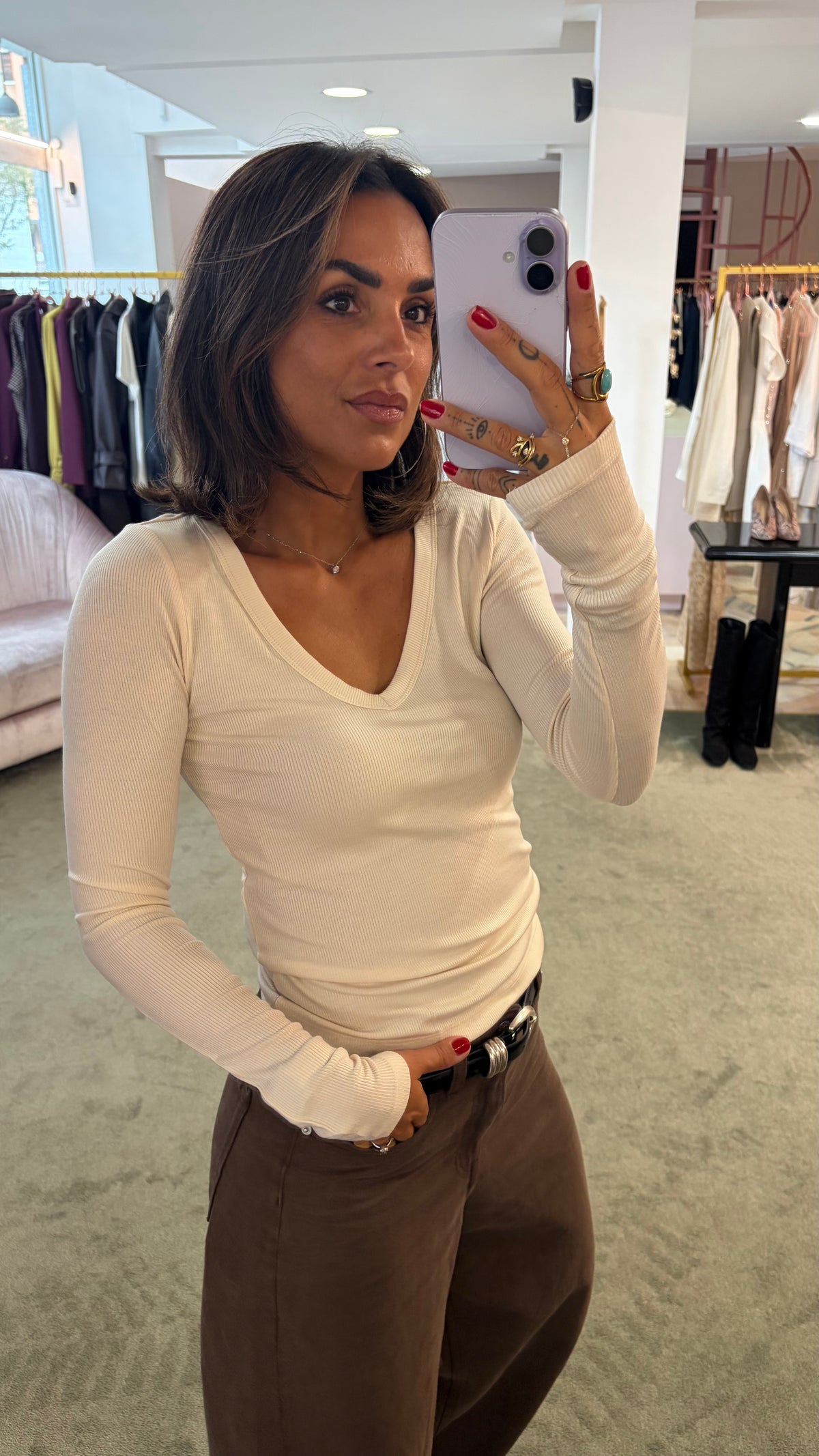 T-shirt dream crema scollo a v manica lunga a costine aw