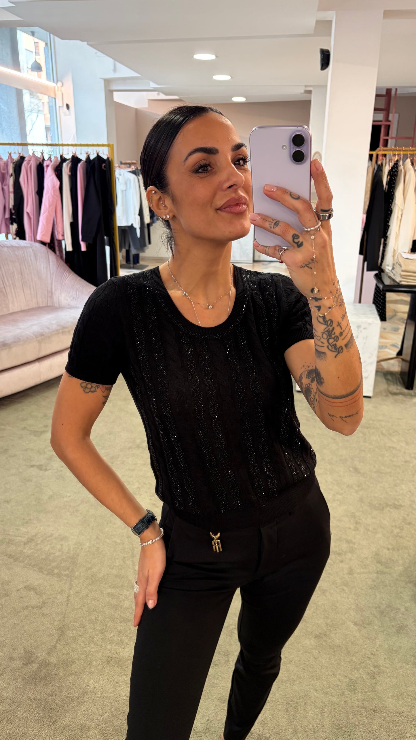 Maglia nera manica corta a trecce crystal fr