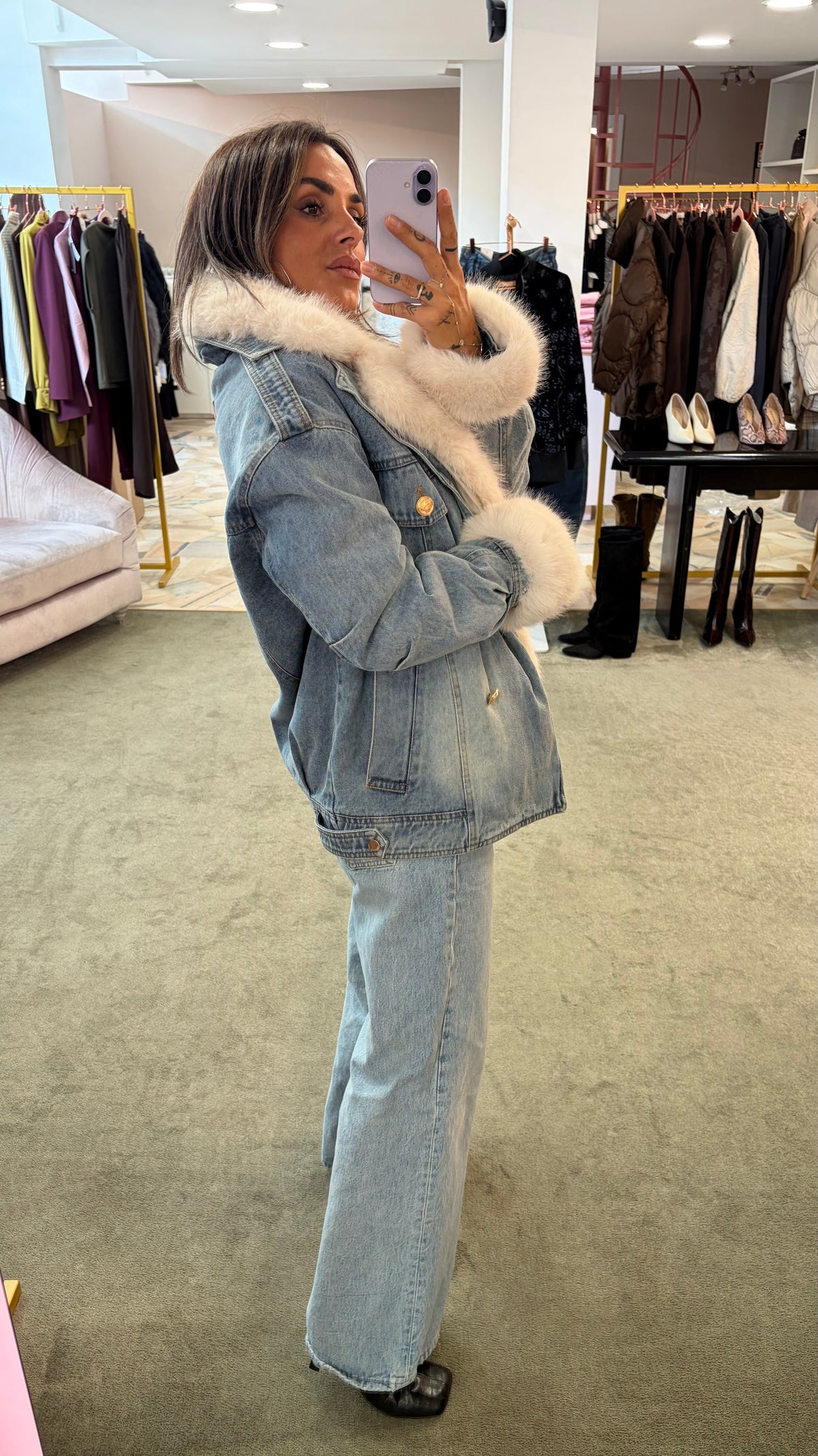 Giacca in denim con ecopelliccia panna fr