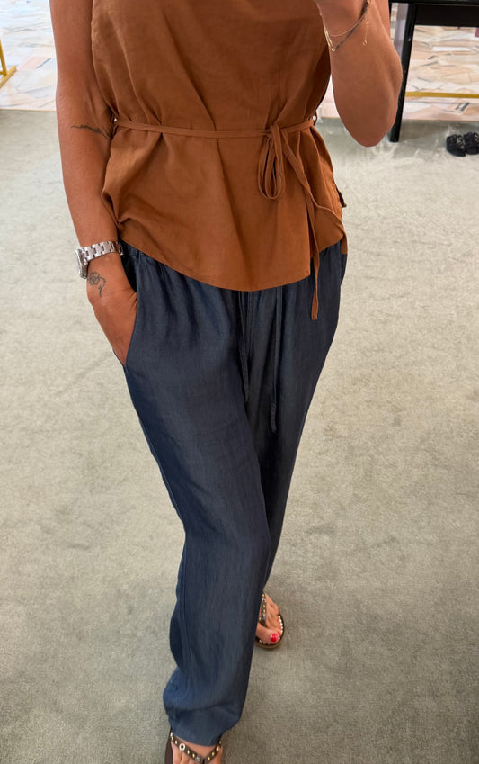 Pantaloni effetto denim con elastico in vita sy
