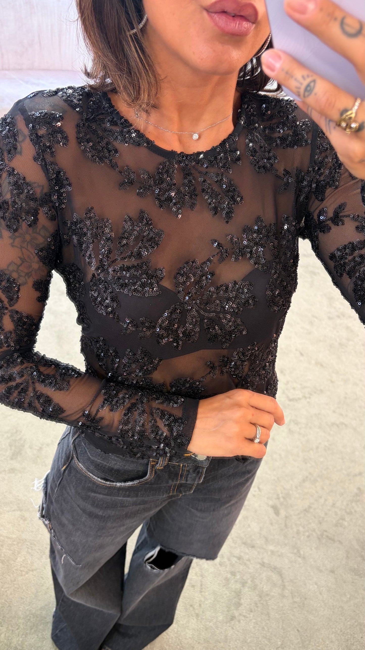 Maglia nera manica lunghe con ricami perline fr
