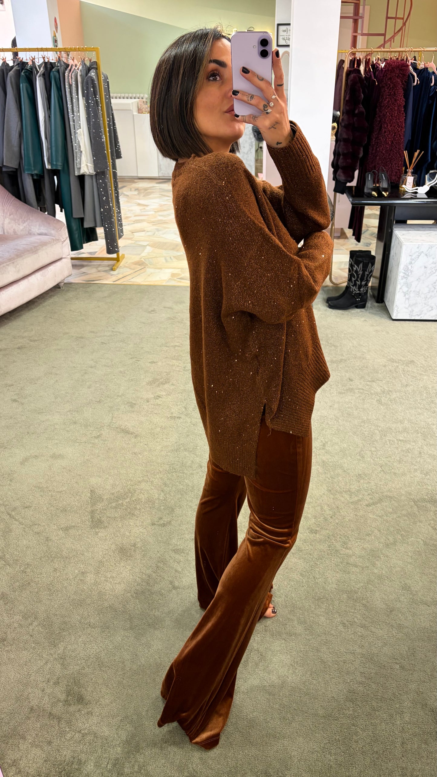 Maglione over marrone con micropaillettes bj