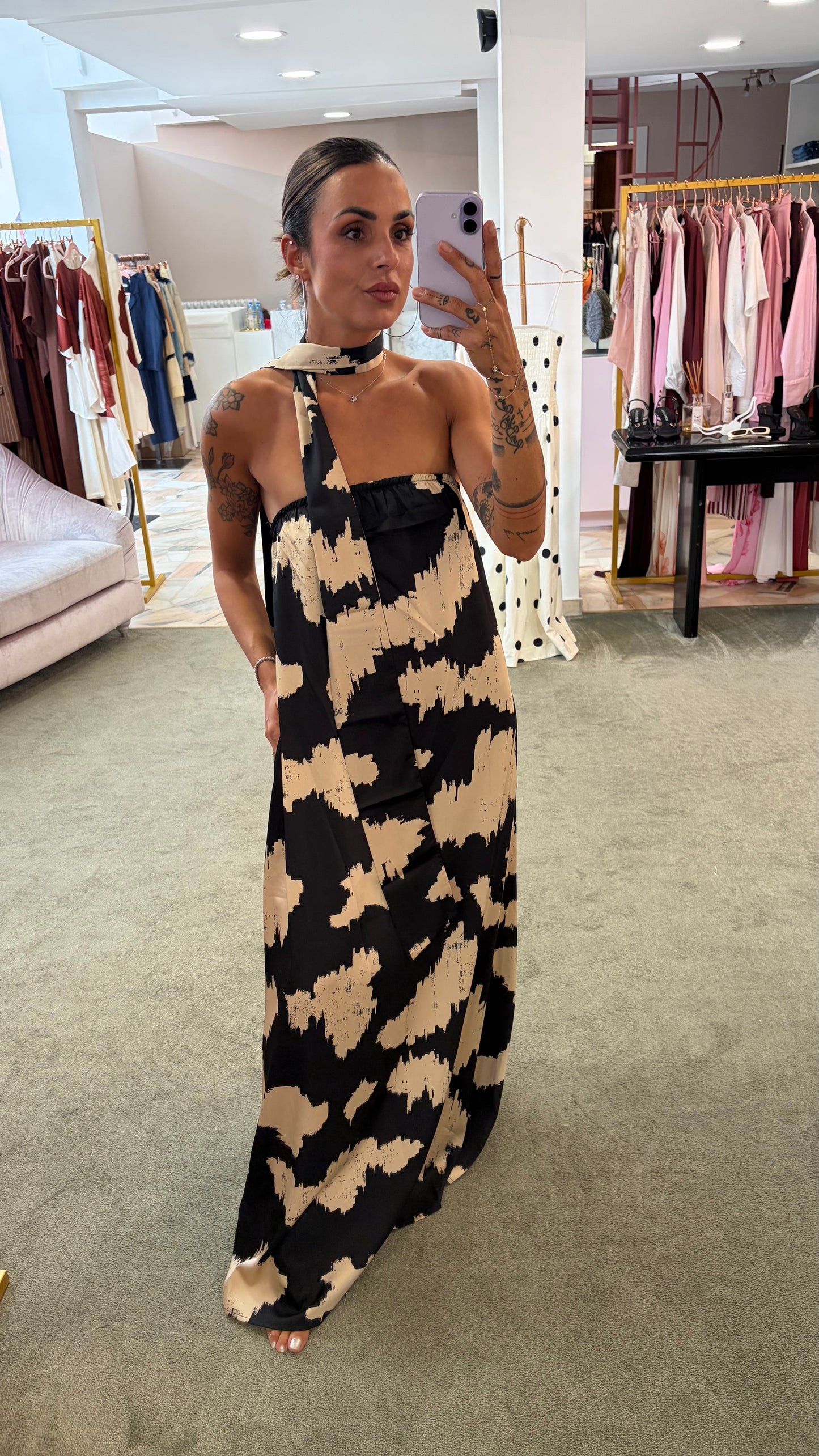 Abito a fascia beige e nero fantasia ay