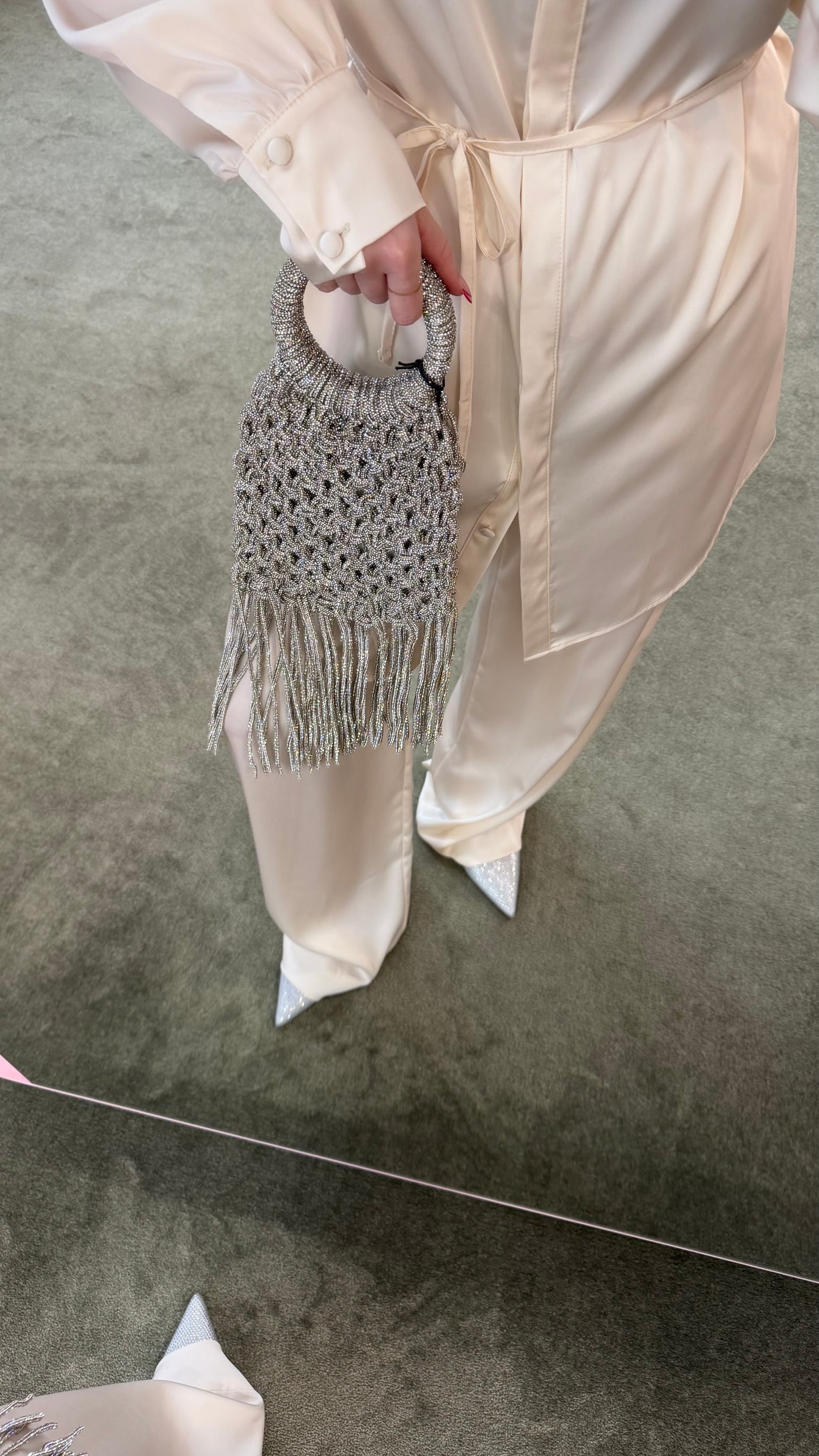 Borsa argento crystal con nodi e frange