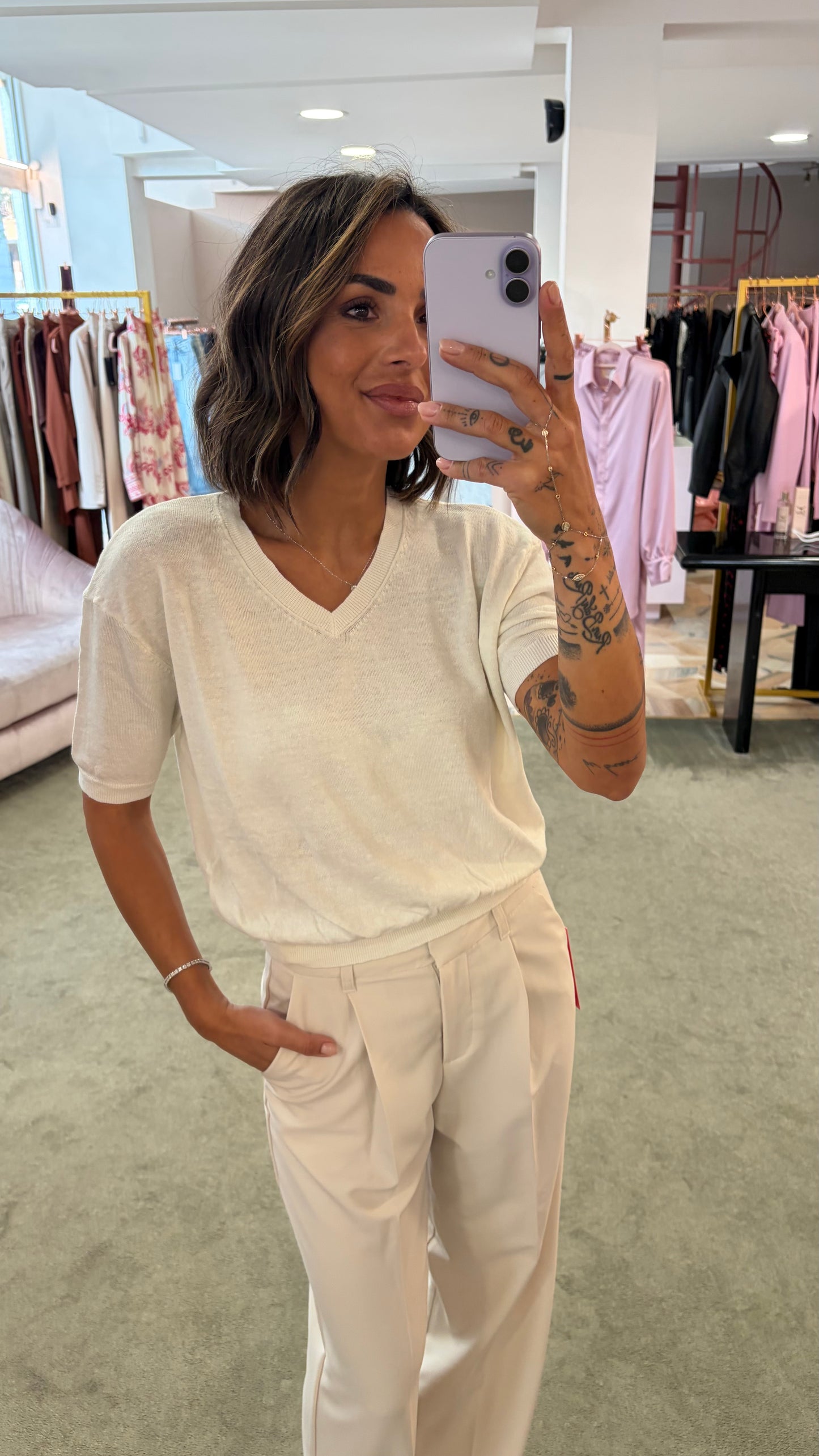 Maglia scollo a v panna manica corta glp