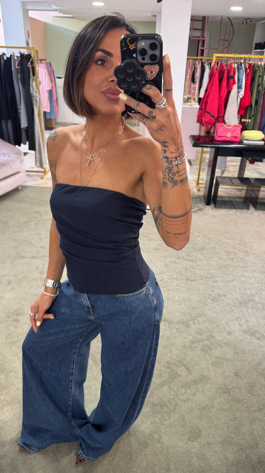 Top fascia blu notte con arricciatura tessuto classico