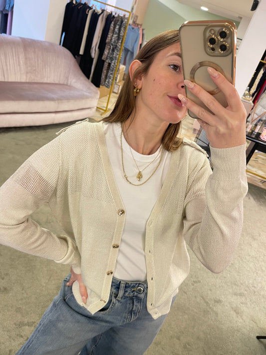 Cardigan beige in lamè con bottoni oro fr