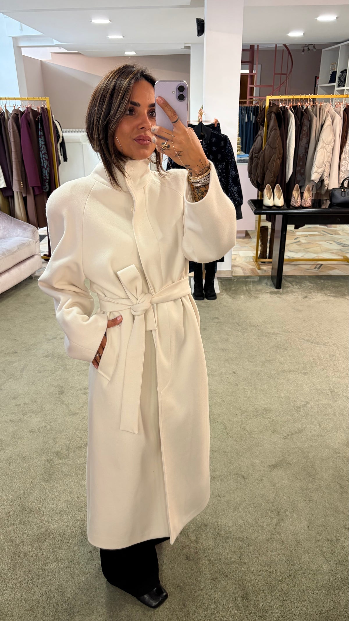 Cappotto lungo panna con cintura Actualee