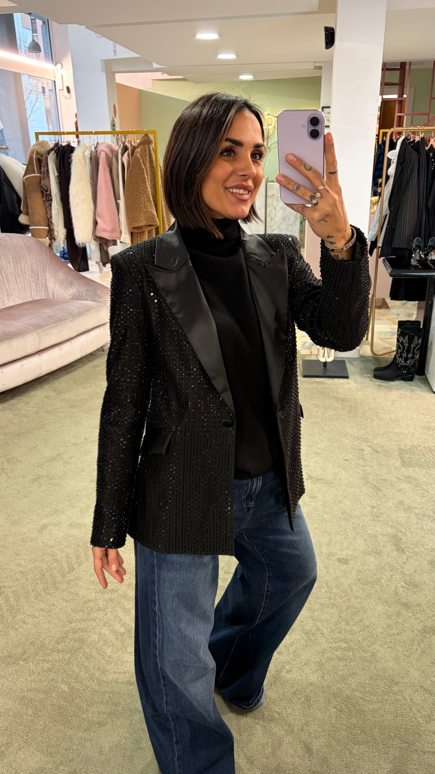 Blazer nero crystal con rever in raso fr