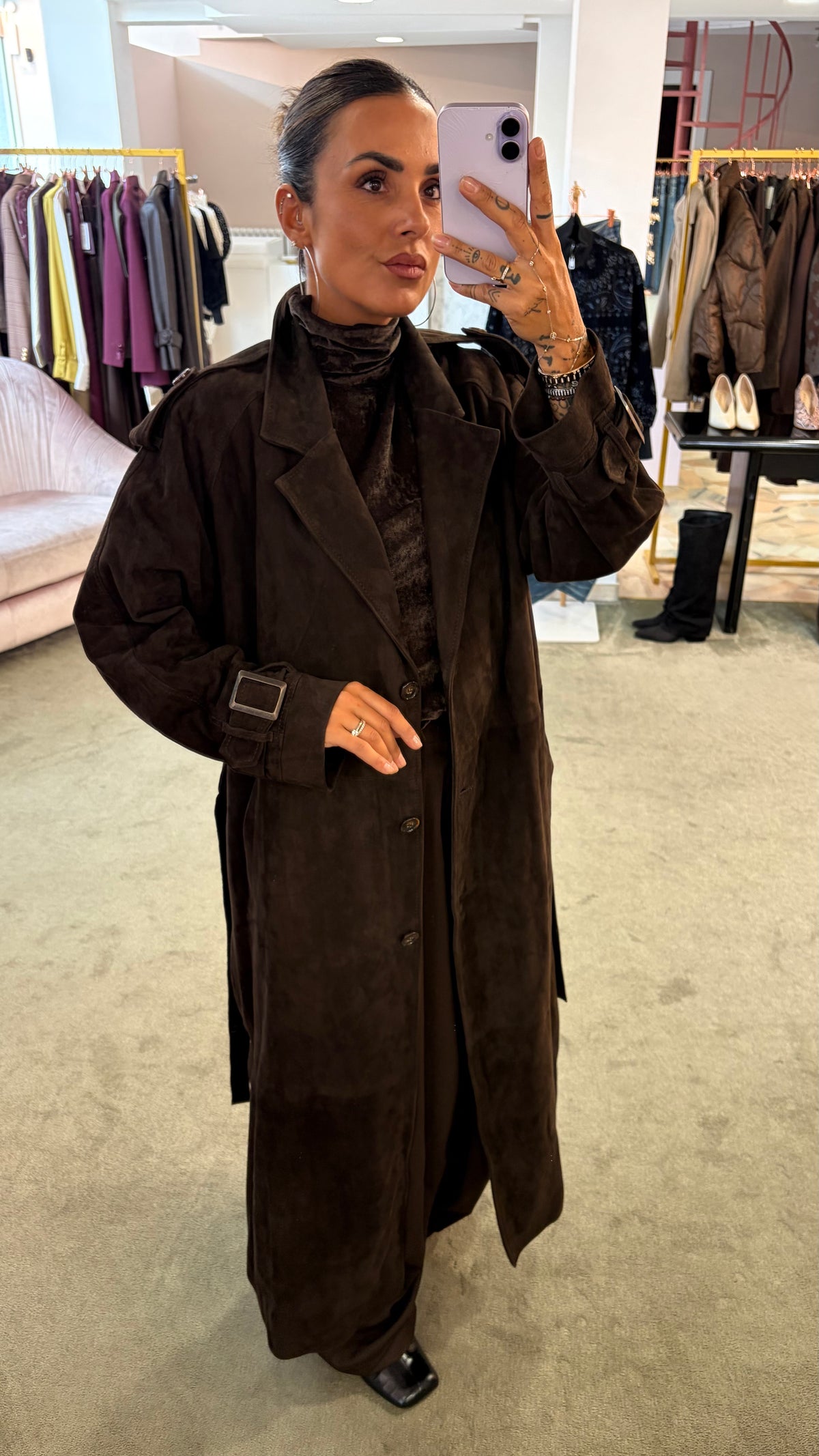 Trench marrone testa di moro lungo con cintura in pelle scamosciata Marsem