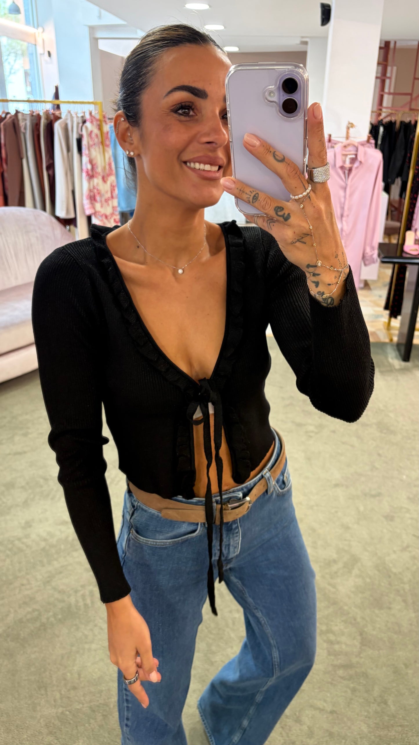 Cardigan crop nero lurex con rouges bj