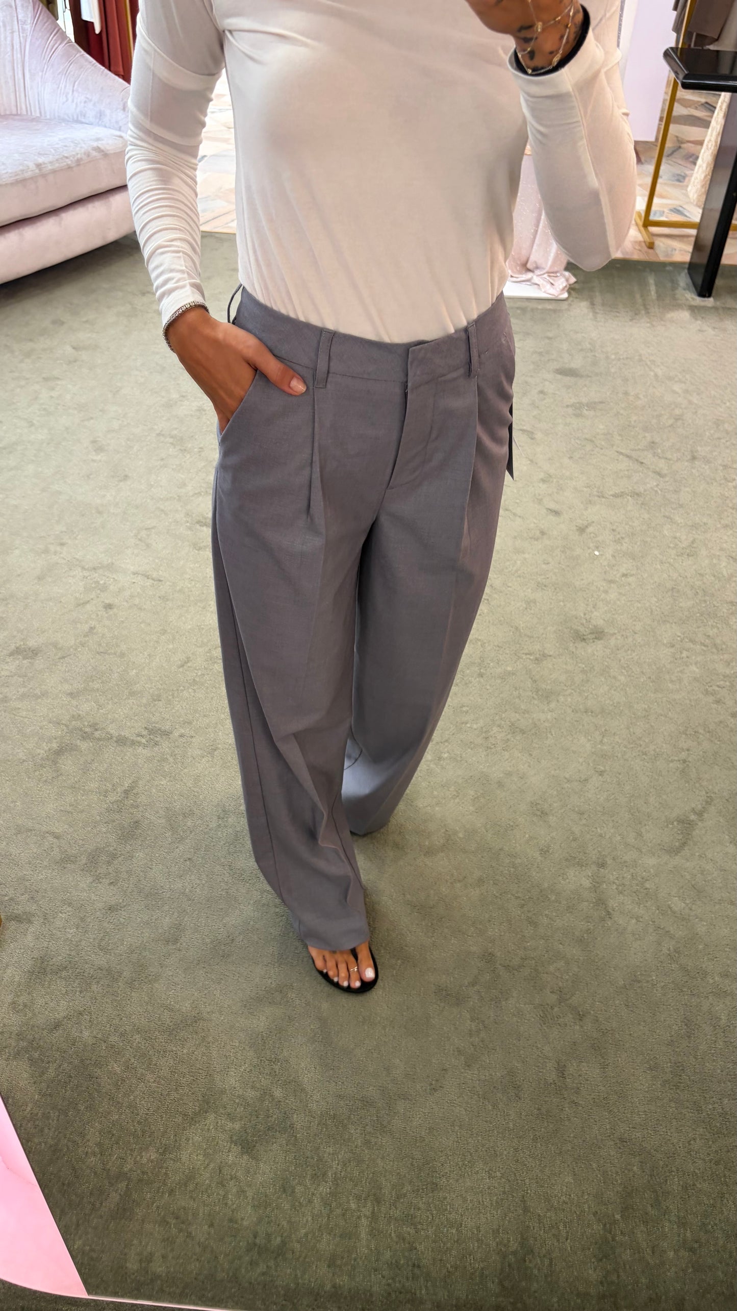 Pantaloni grigio ellis con pences wide leg jx