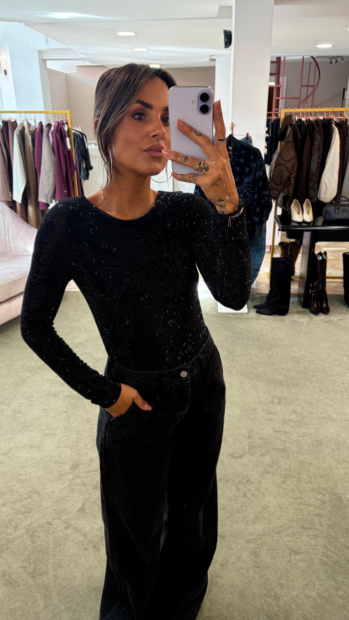 Body nero con cristalli maniche lunghe tw