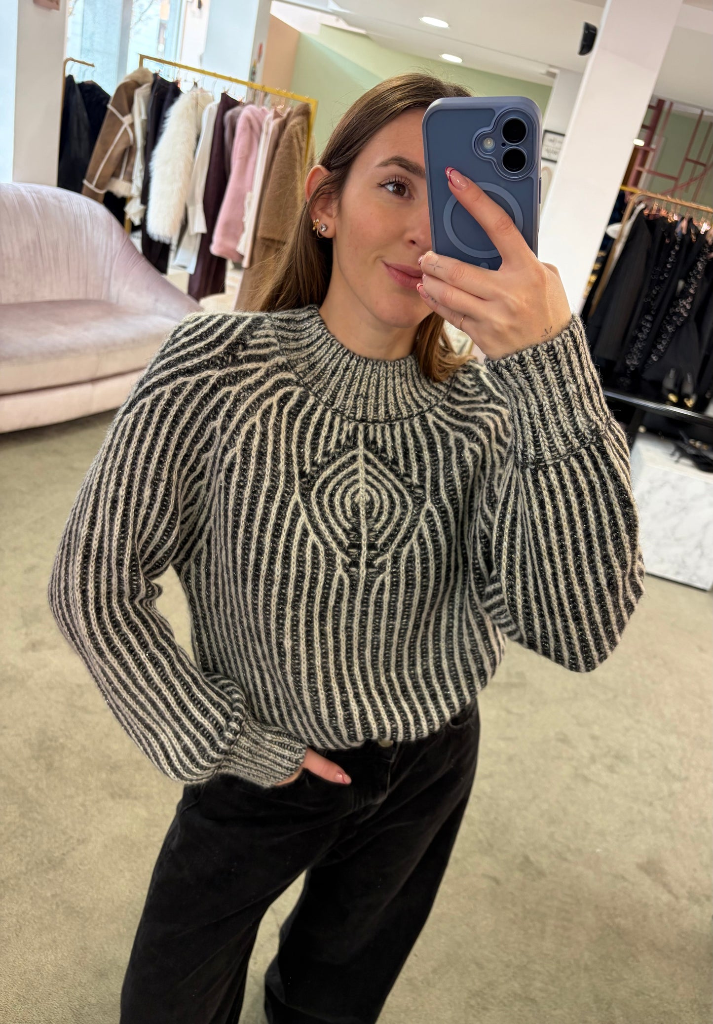 Maglione bicolor bianco e antracite con lurex bj