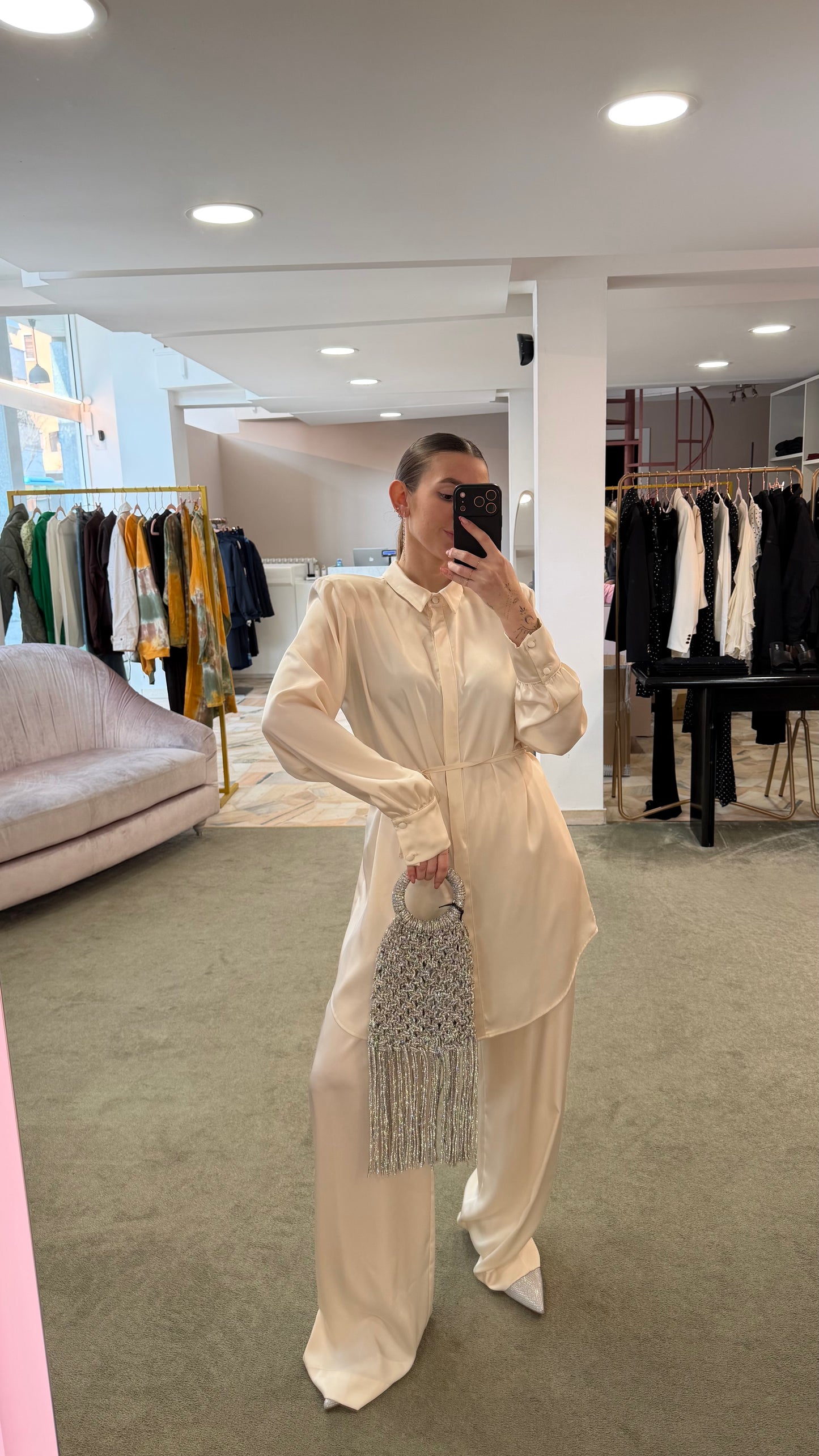 Camicia abito avorio in satin over ks